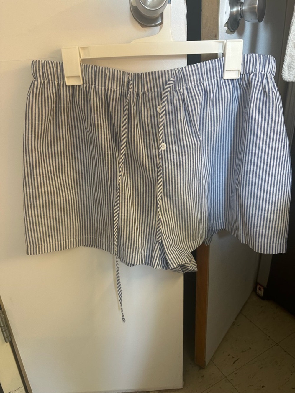 Striped Blue and White Button-Front Drawstring Shorts
